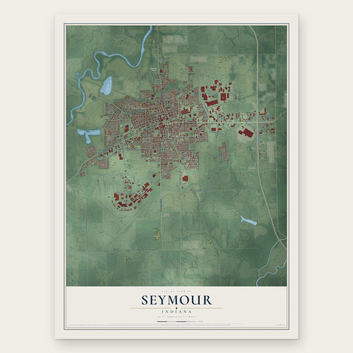 Seymour, Indiana map print, the full design