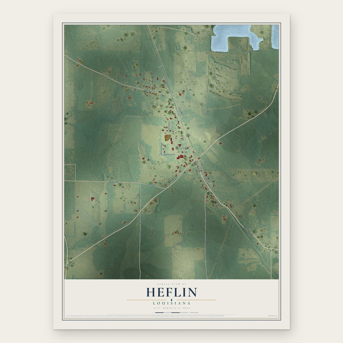 Heflin, Louisiana map print, the full design