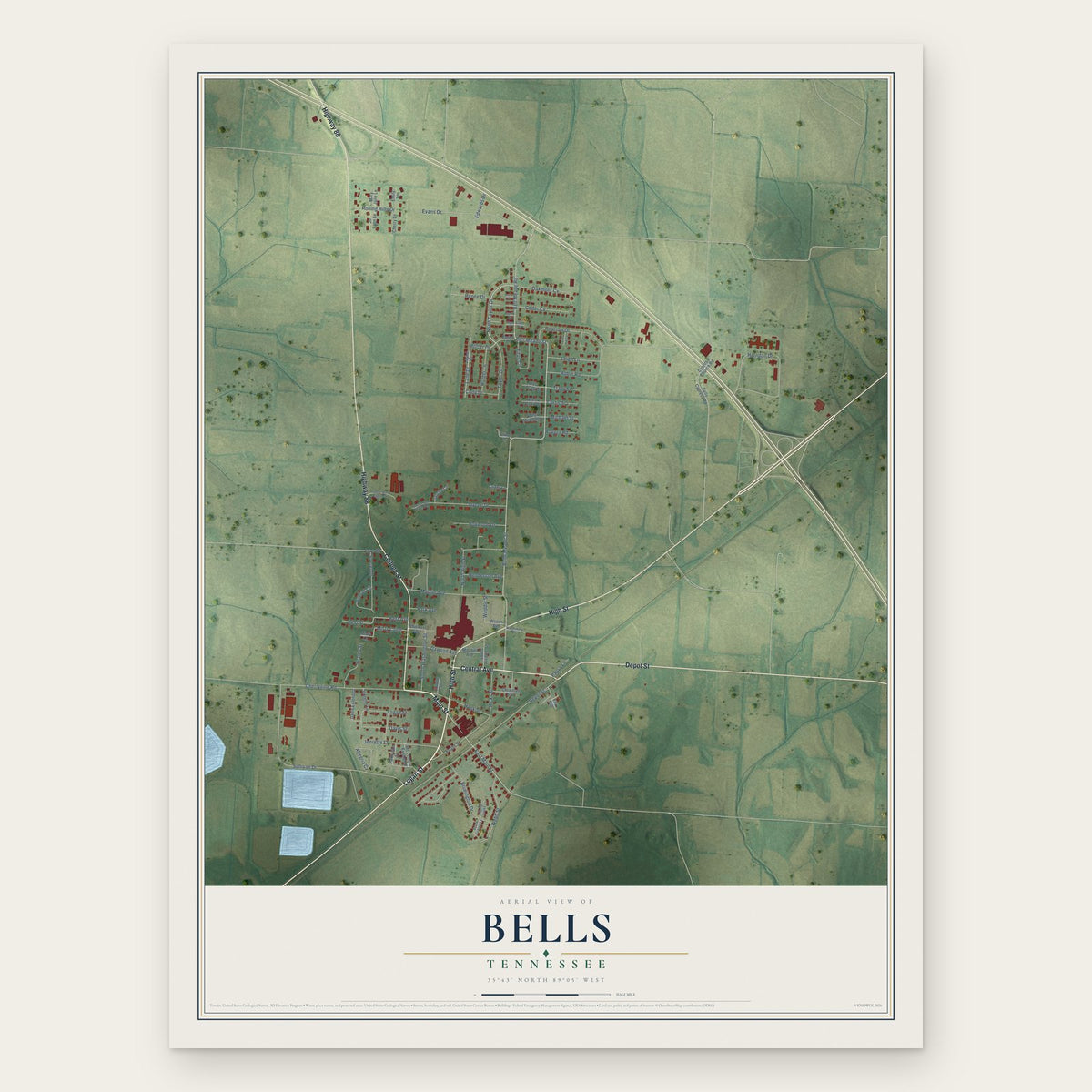 Bells, Tennessee map print, the full design