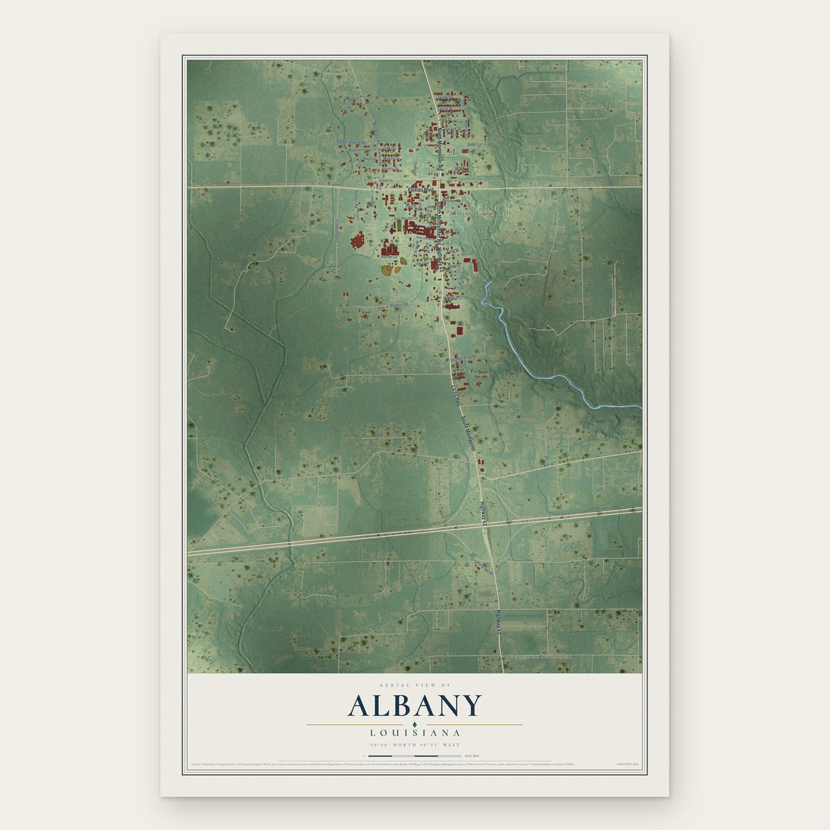 Albany, Louisiana map print, the full design