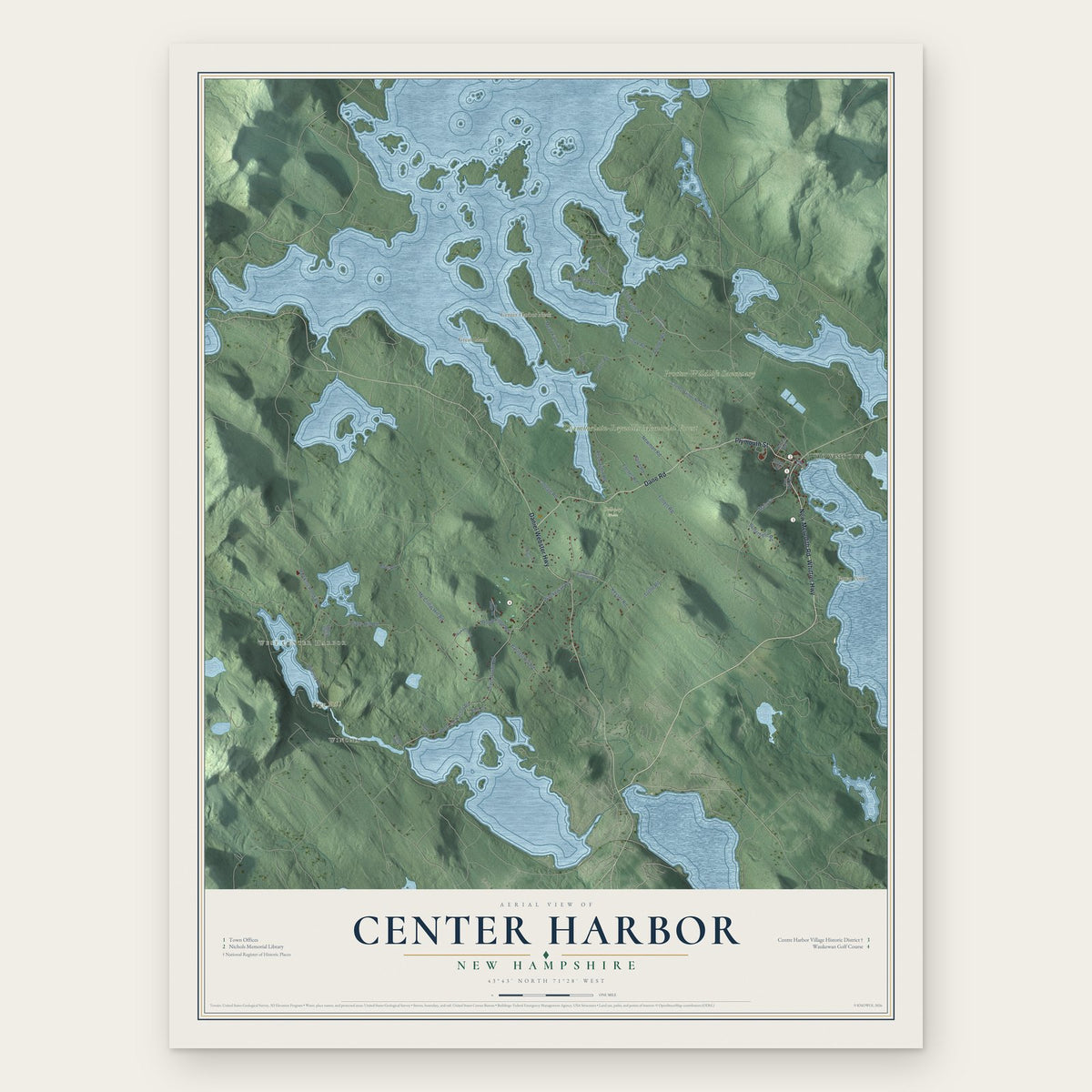 Center Harbor, New Hampshire map print, the full design