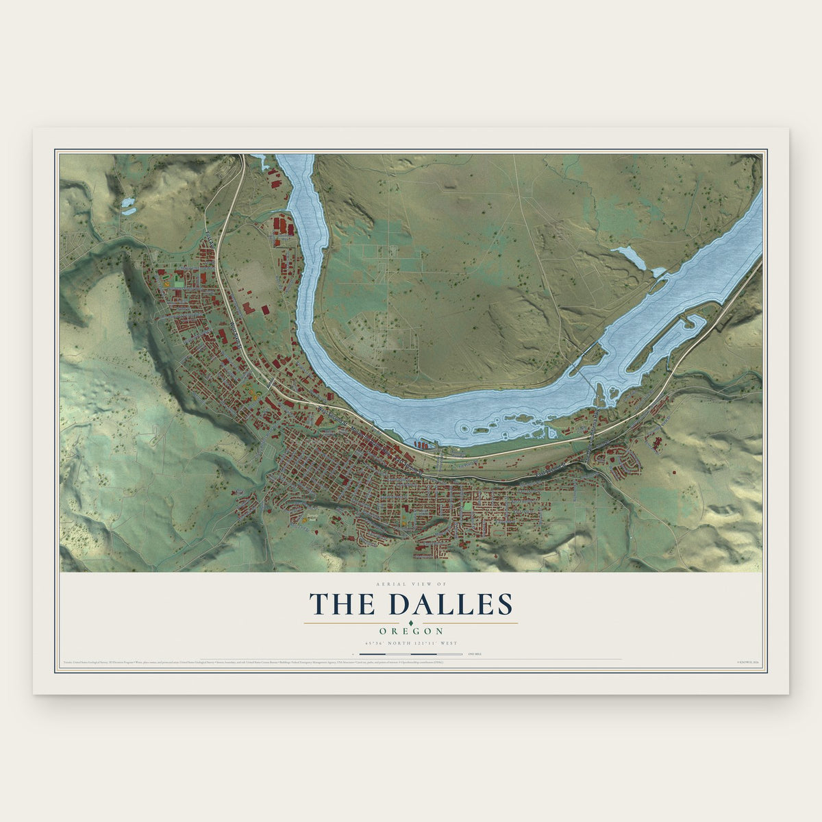 The Dalles, Oregon map print, the full design