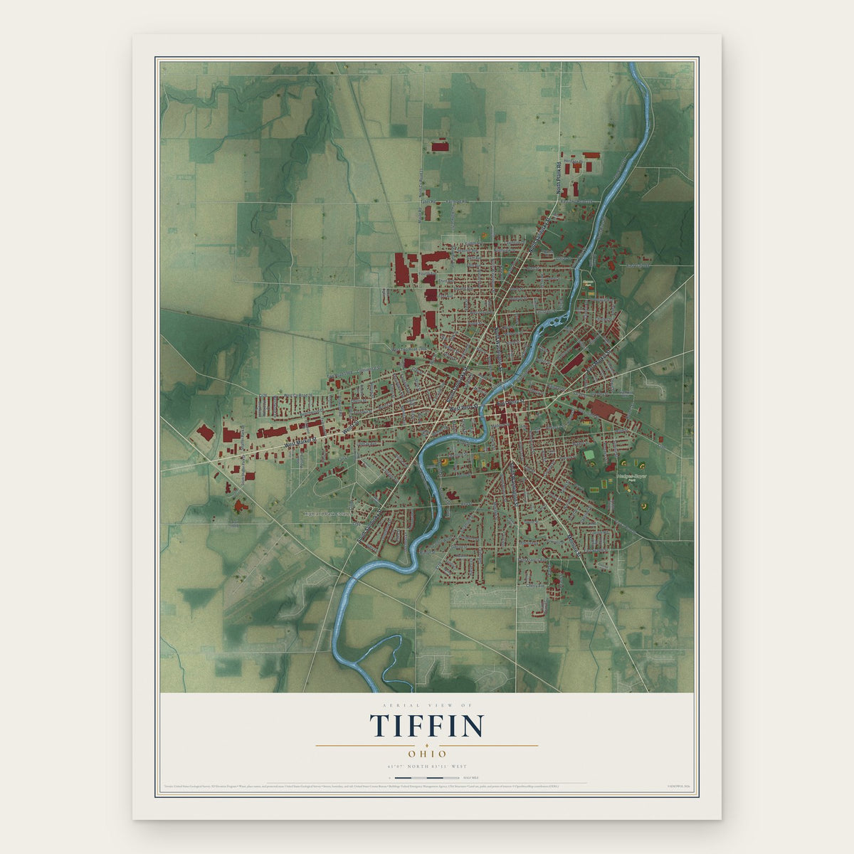 Tiffin, Ohio map print, the full design