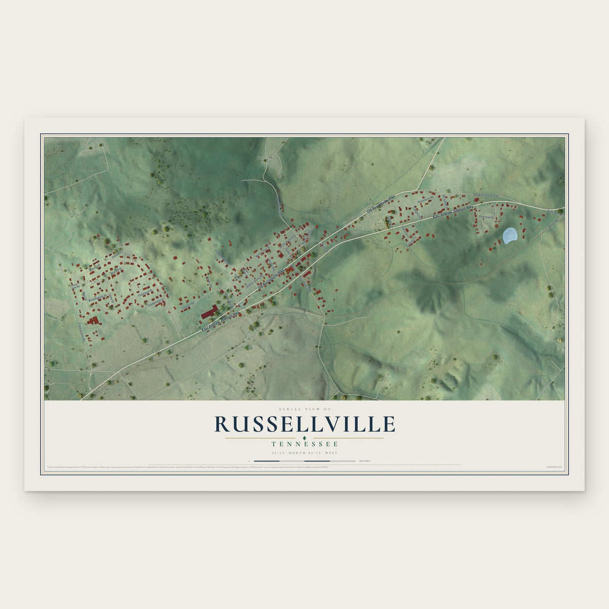 Russellville, Tennessee map print, the full design