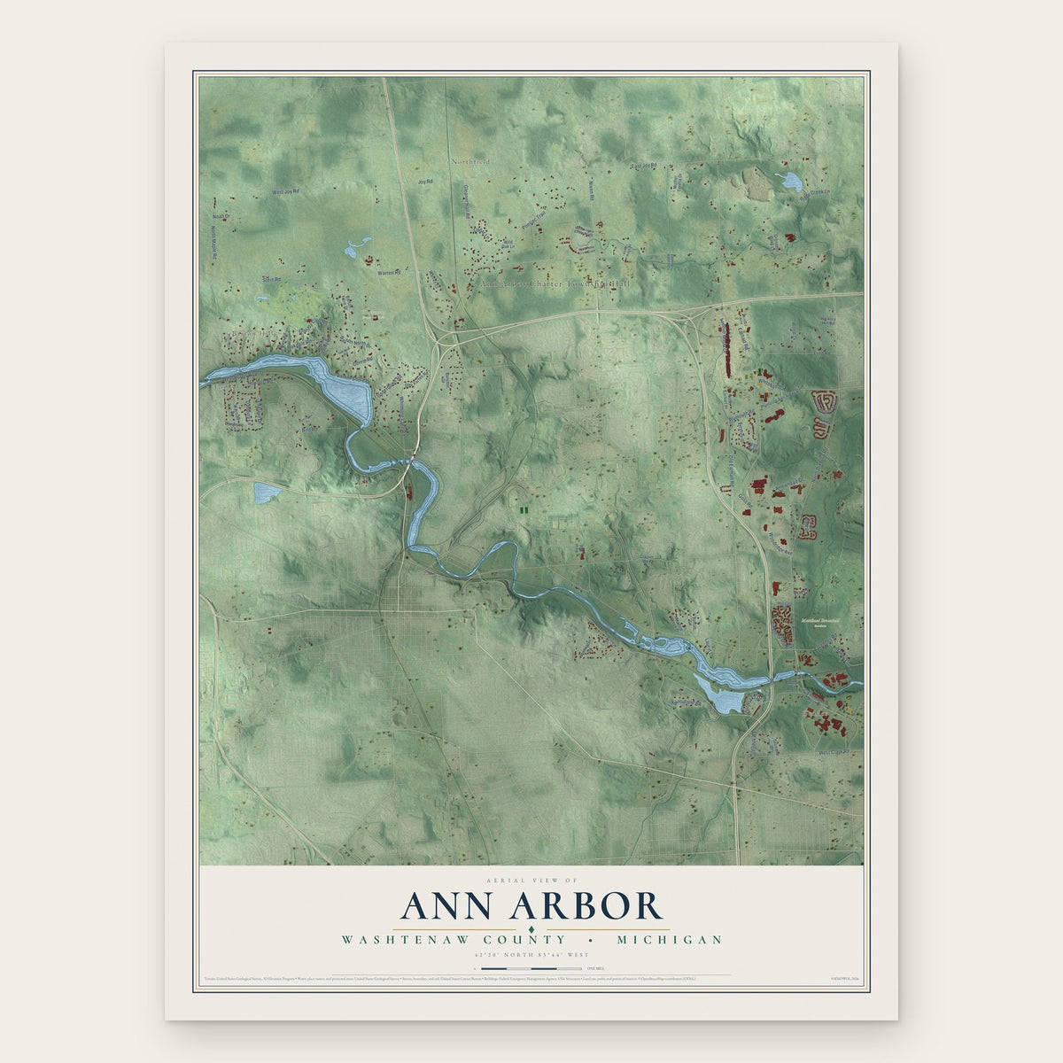 Ann Arbor, Washtenaw County, Michigan map print, the full design