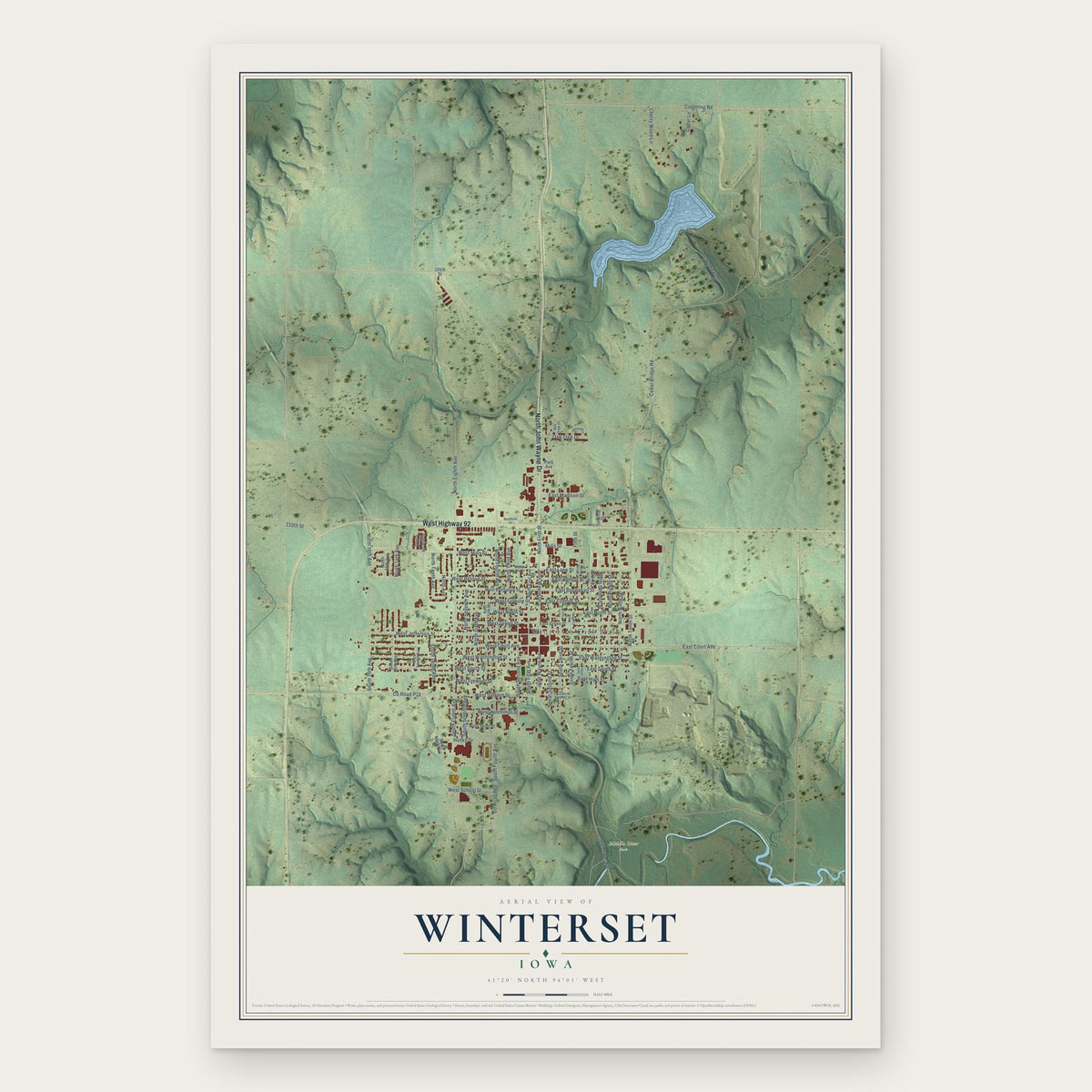 Winterset, Iowa map print, the full design