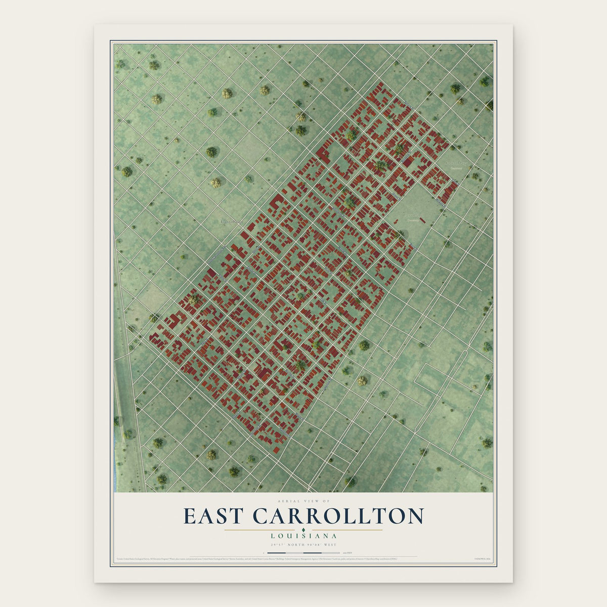 East Carrollton, Louisiana map print, the full design