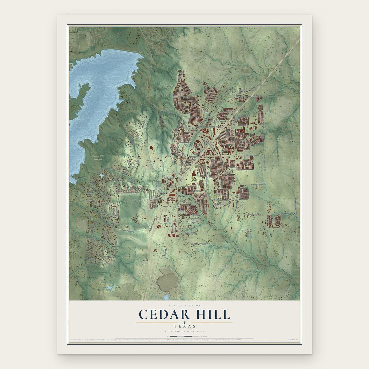 Cedar Hill, Texas map print, the full design