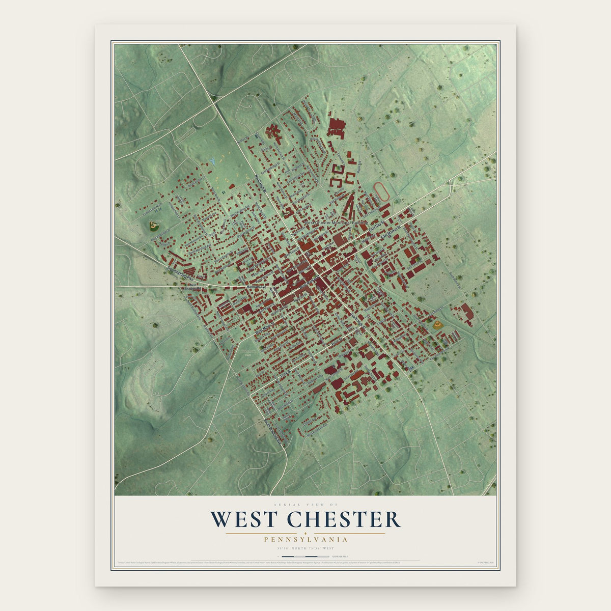 West Chester, Pennsylvania map print, the full design