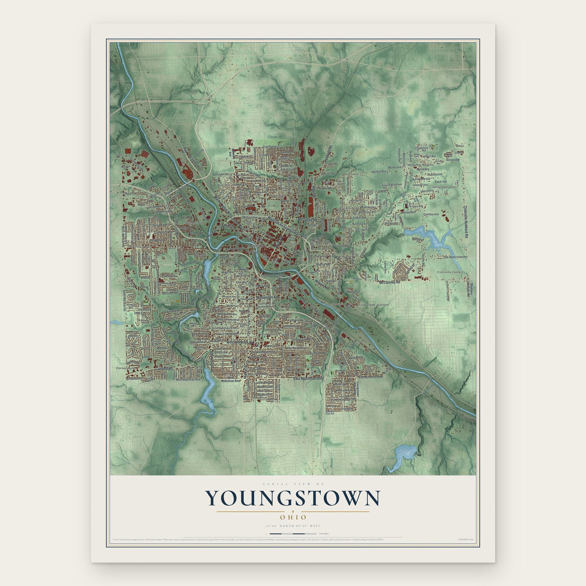 Youngstown, Ohio map print, the full design