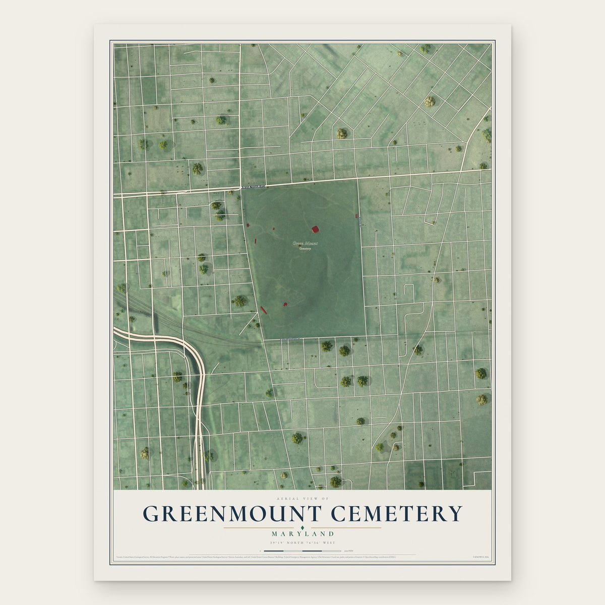 Greenmount Cemetery, Maryland map print, the full design