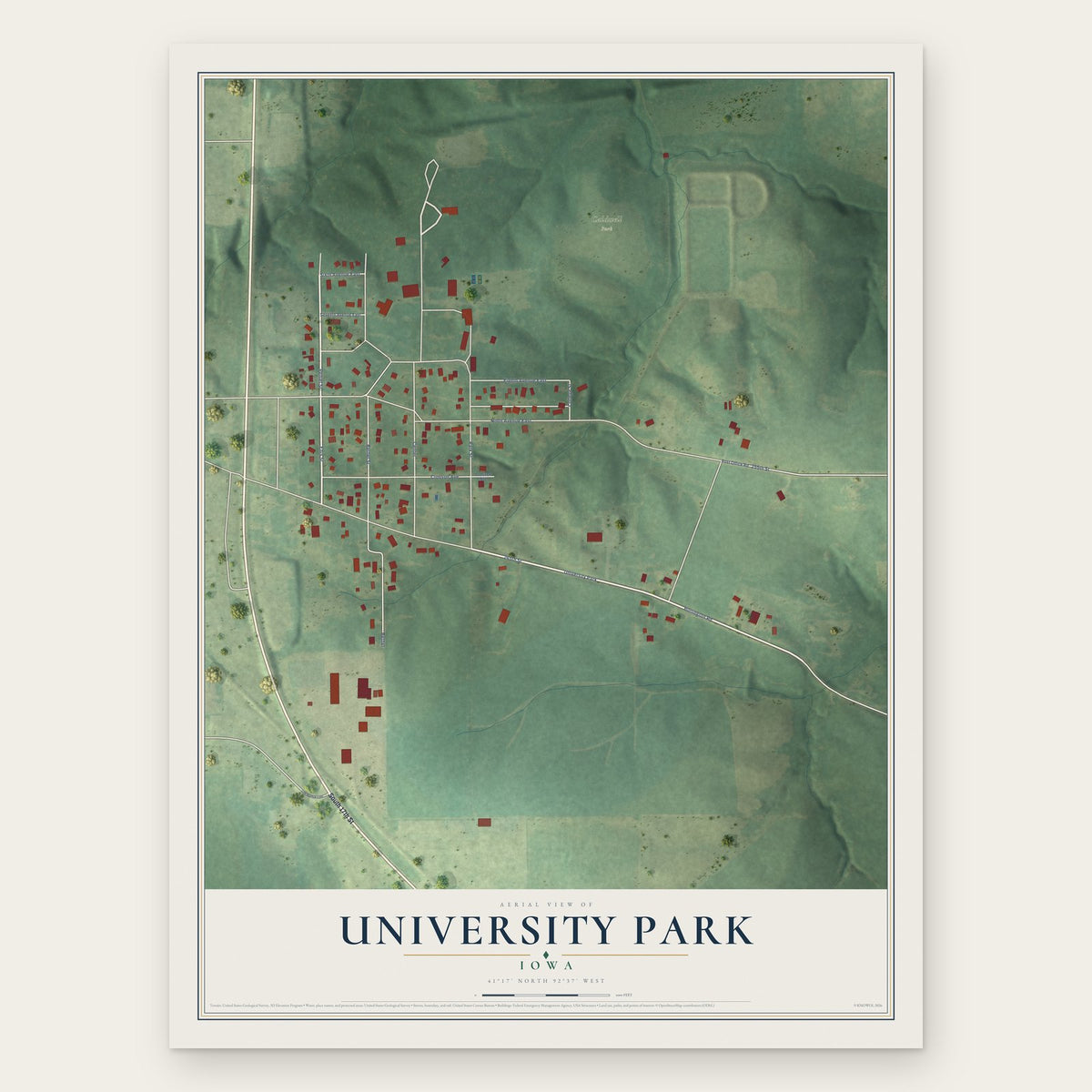 University Park, Iowa map print, the full design