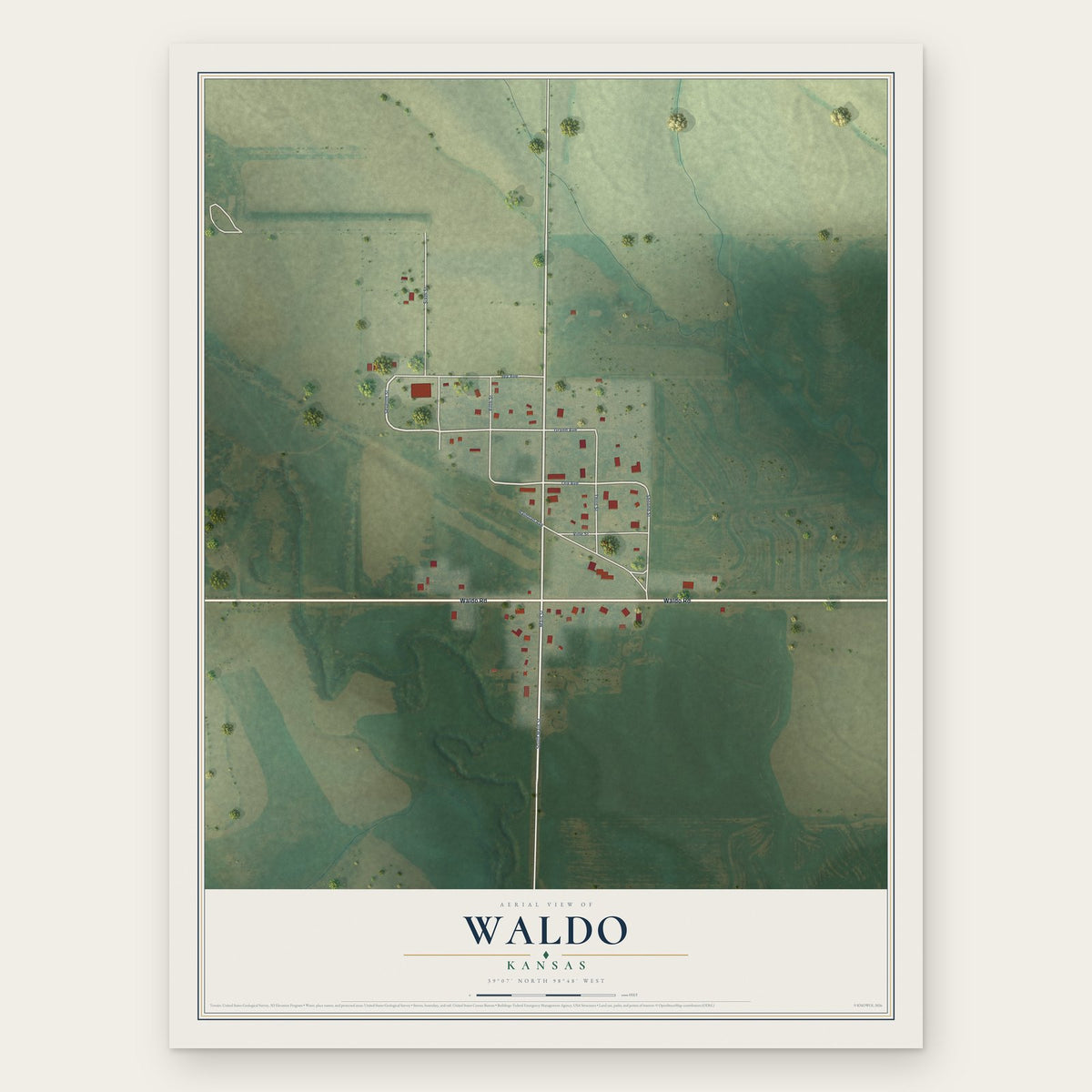 Waldo, Kansas map print, the full design