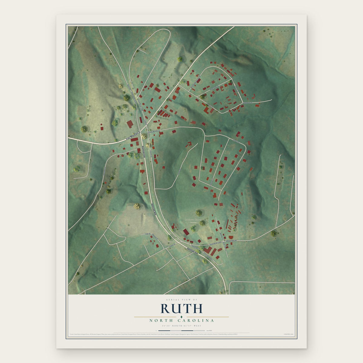 Ruth, North Carolina map print, the full design