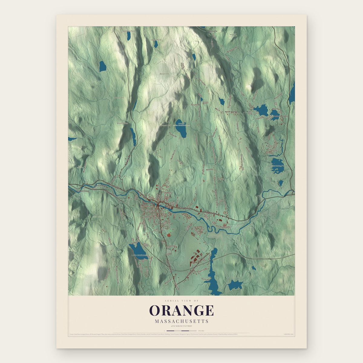 Orange, Massachusetts map print, the full design