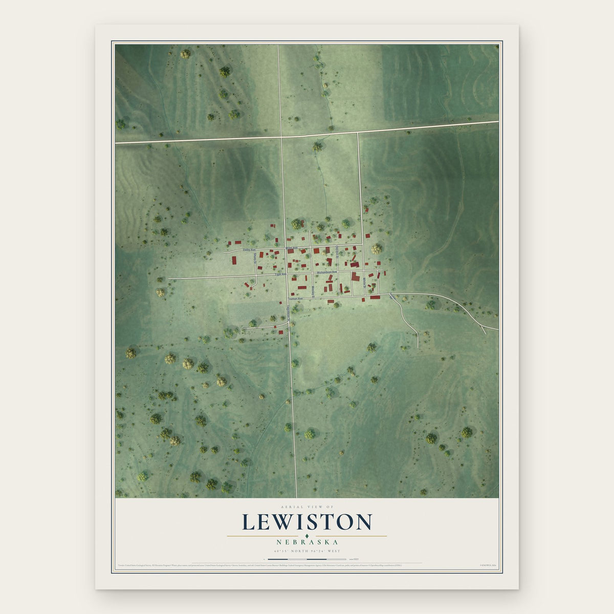 Lewiston, Nebraska map print, the full design