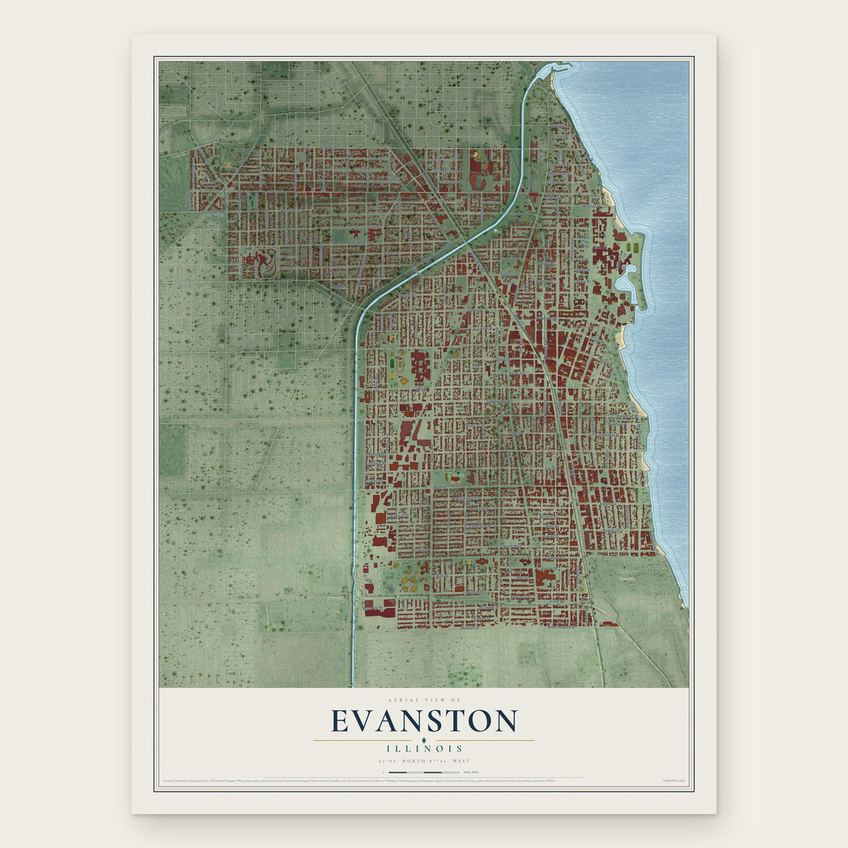 Evanston, Illinois map print, the full design