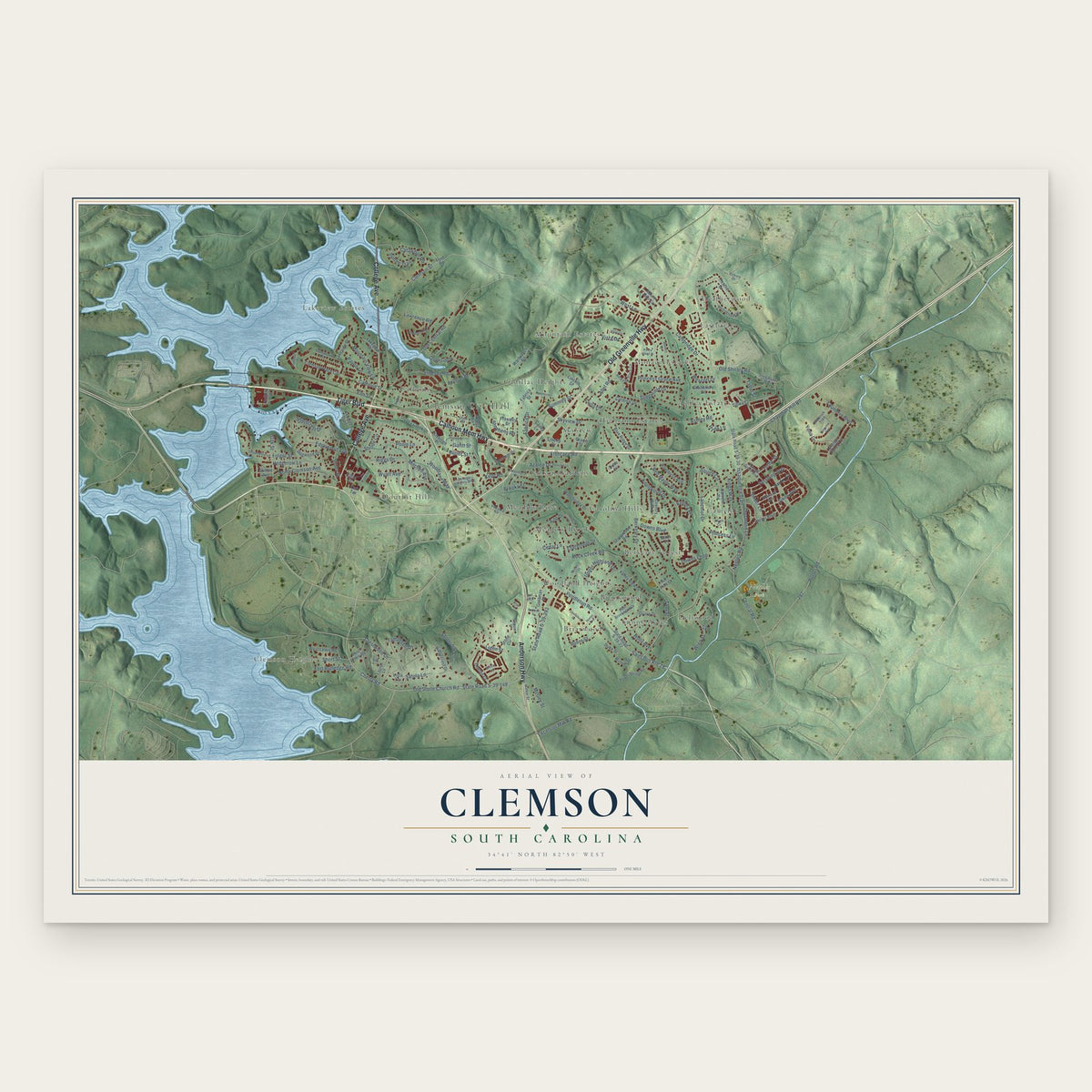 Clemson, South Carolina map print, the full design