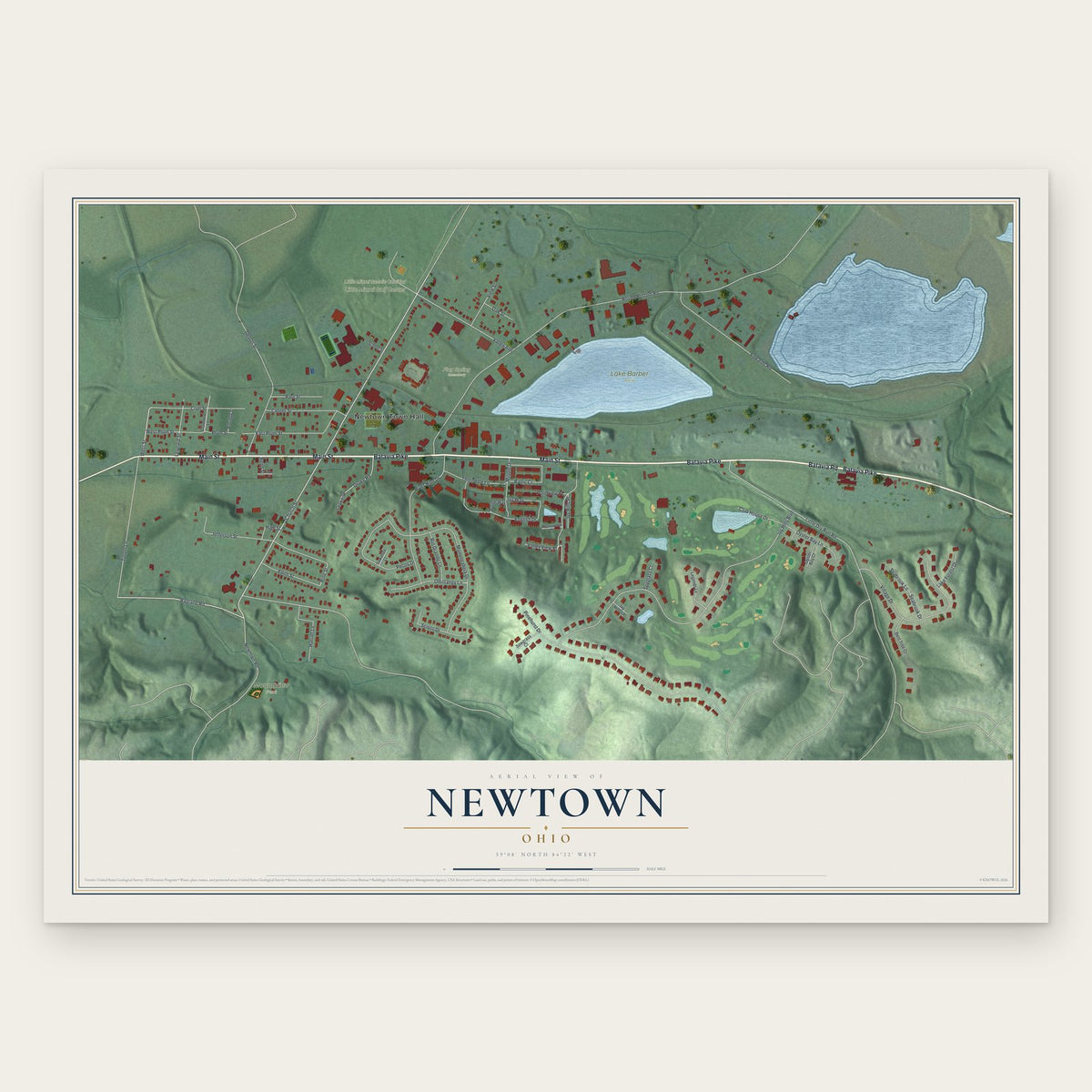 Newtown, Ohio map print, the full design