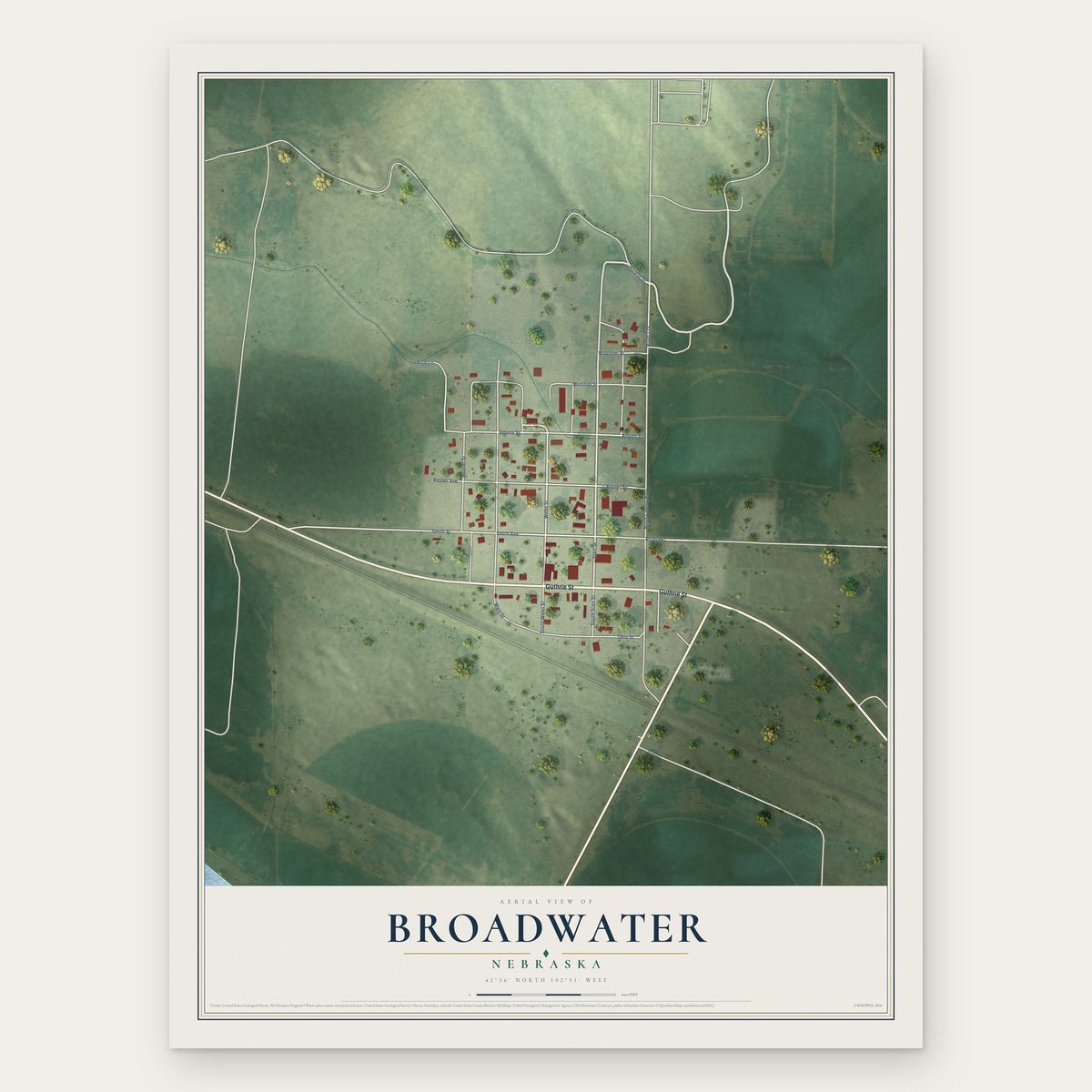 Broadwater, Nebraska map print, the full design