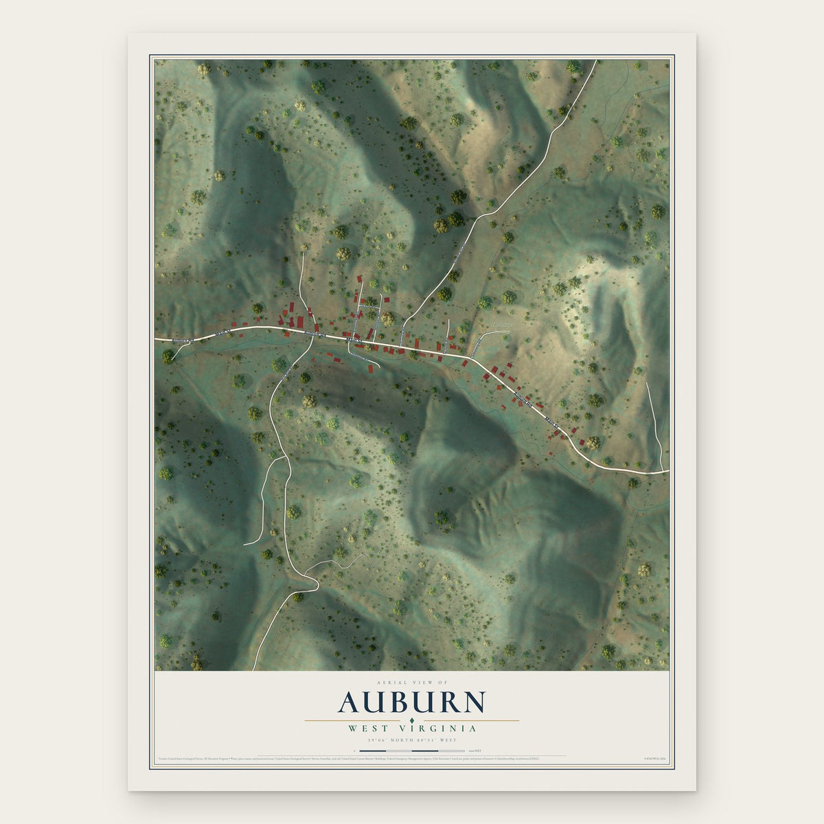 Auburn, West Virginia map print, the full design