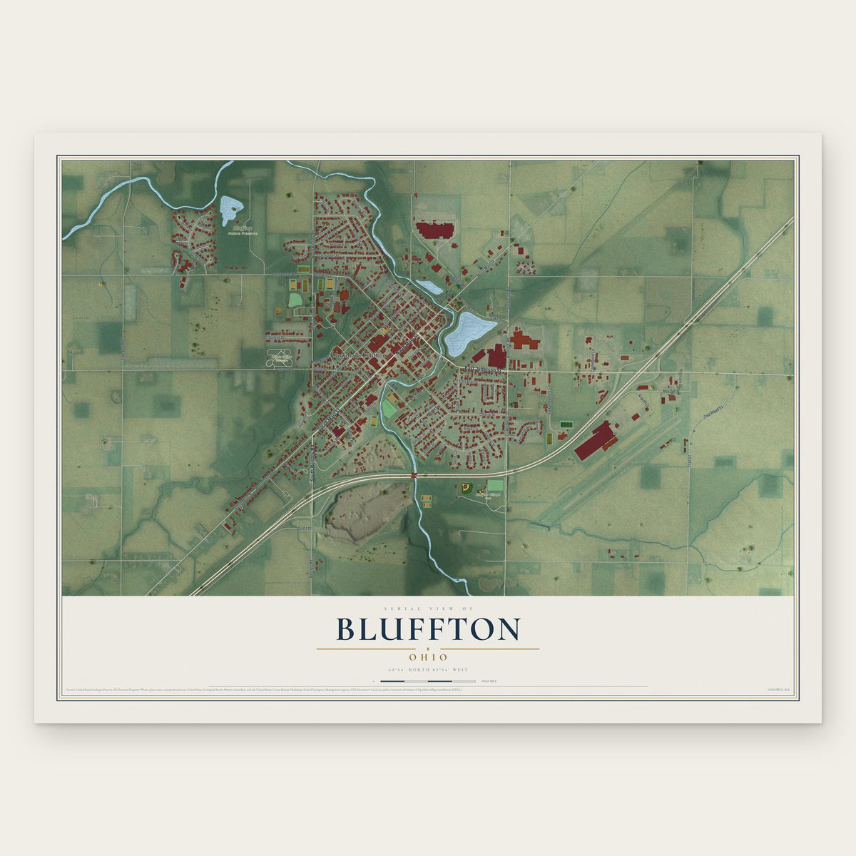 Bluffton, Ohio map print, the full design