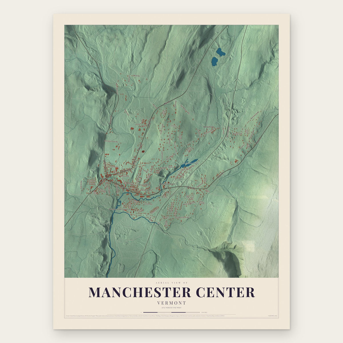 Manchester Center, Vermont map print, the full design