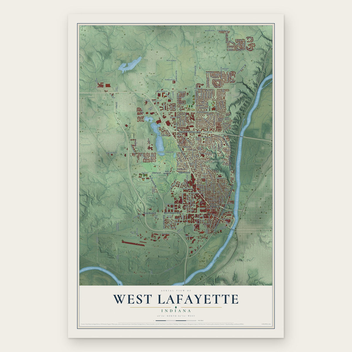 West Lafayette, Indiana map print, the full design
