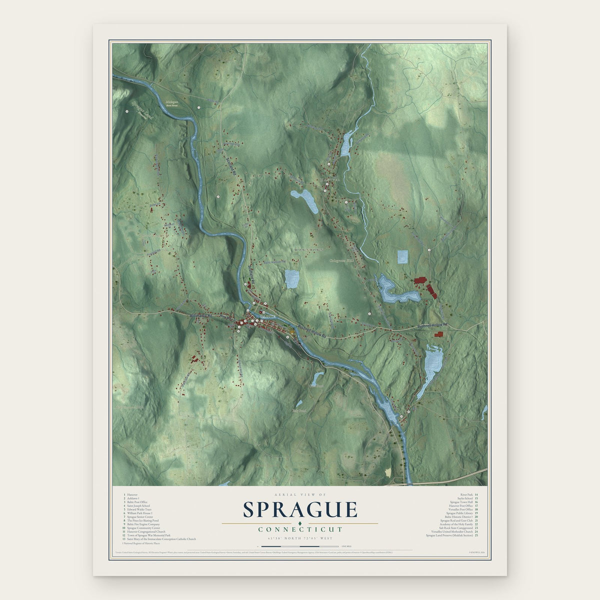 Sprague, Connecticut map print, the full design