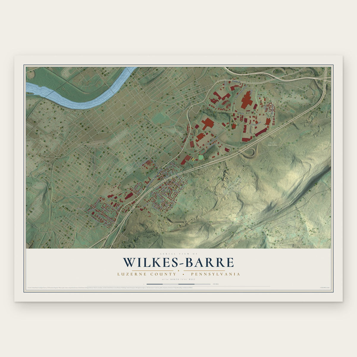 Wilkes-Barre, Luzerne County, Pennsylvania map print, the full design