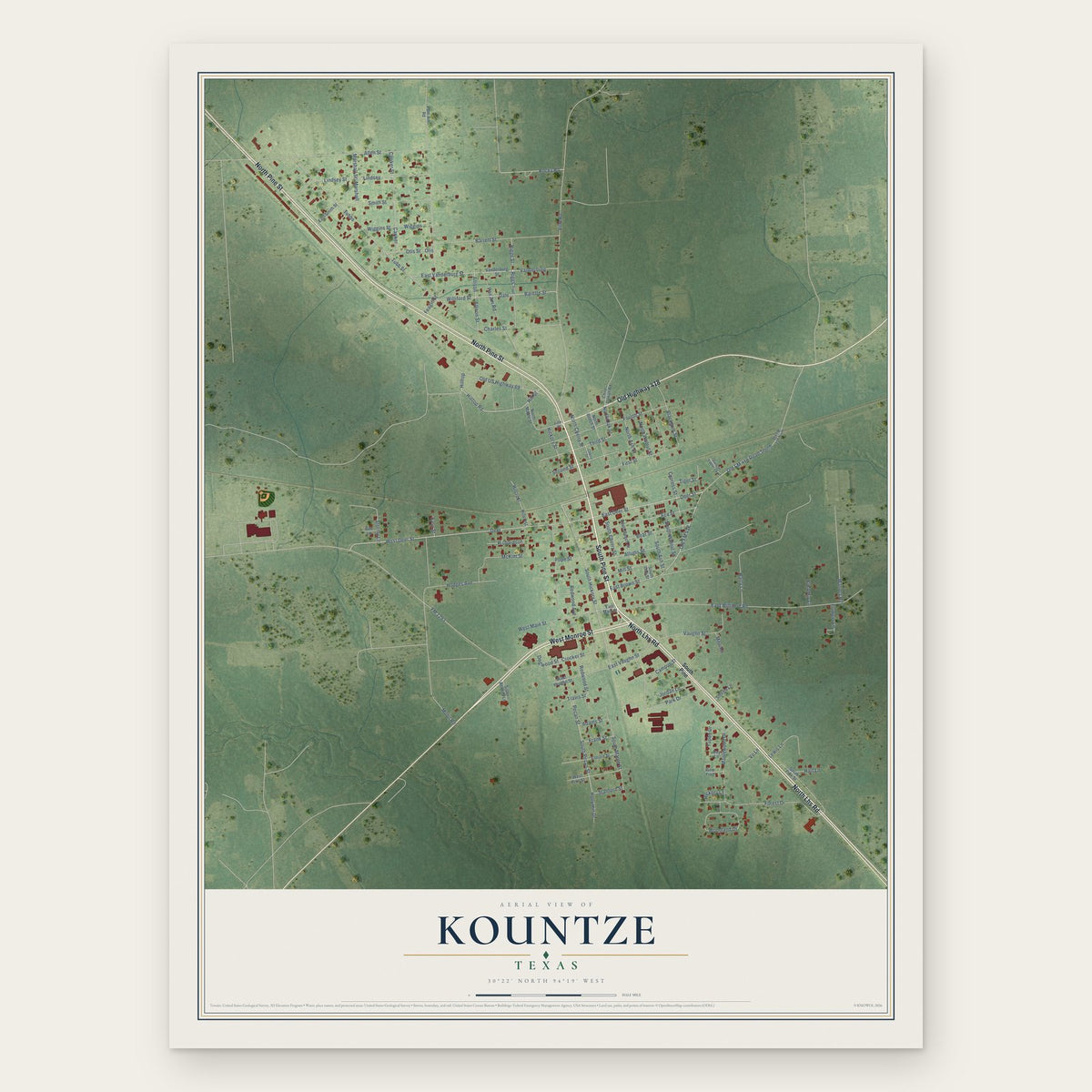 Kountze, Texas map print, the full design