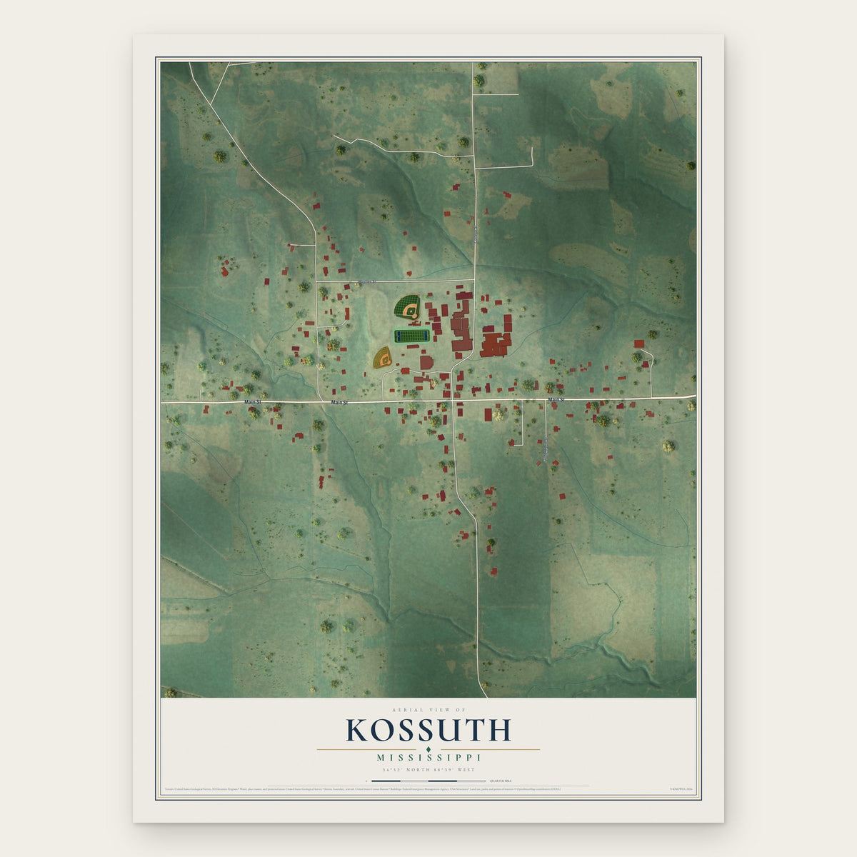 Kossuth, Mississippi map print, the full design