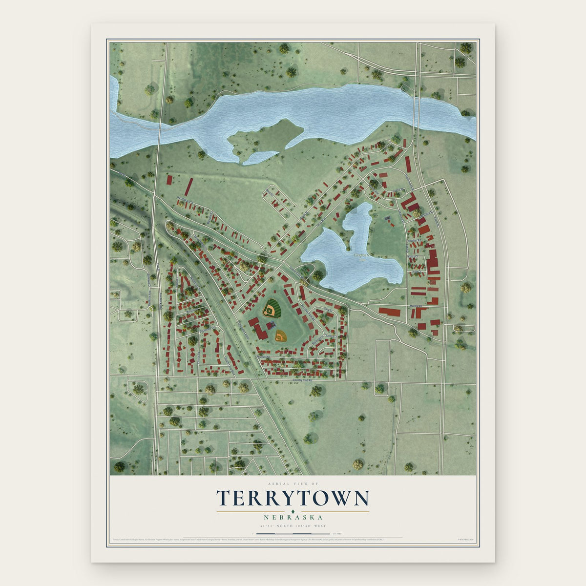 Terrytown, Nebraska map print, the full design