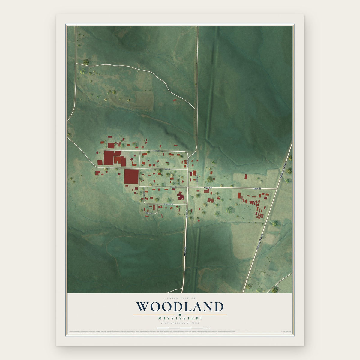Woodland, Mississippi map print, the full design