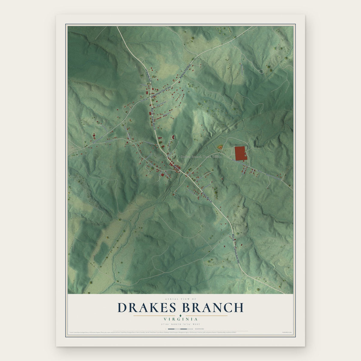 Drakes Branch, Virginia map print, the full design