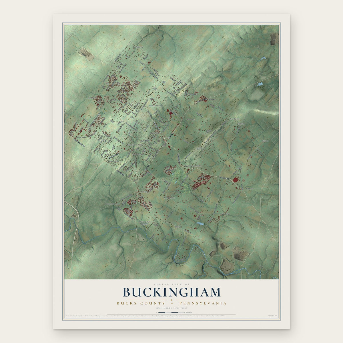 Buckingham, Bucks County, Pennsylvania map print, the full design