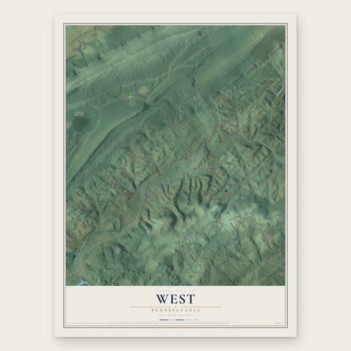 West, Pennsylvania map print, the full design