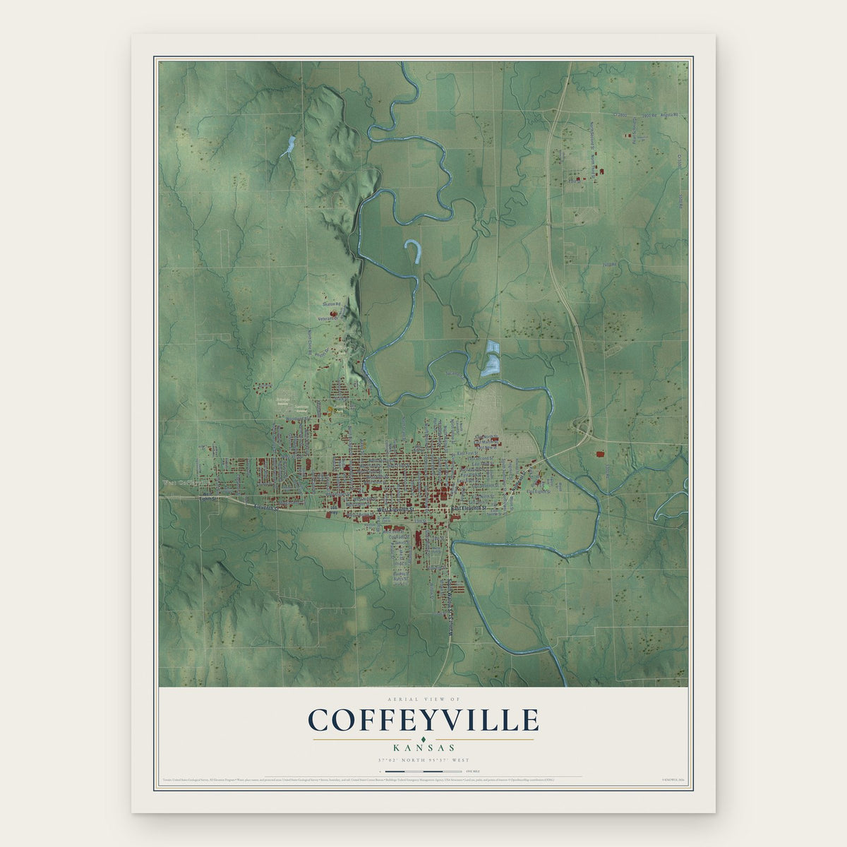 Coffeyville, Kansas map print, the full design