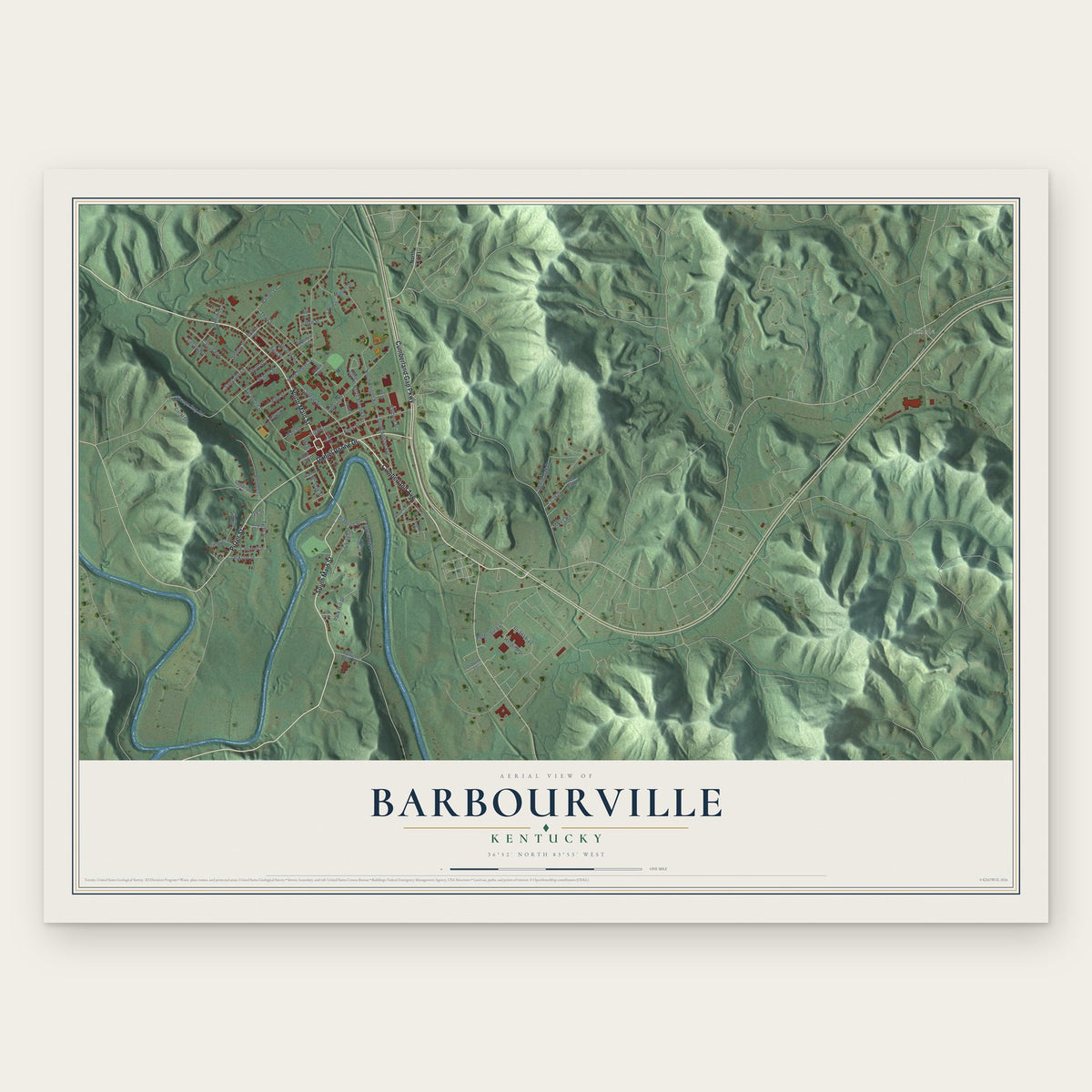 Barbourville, Kentucky map print, the full design