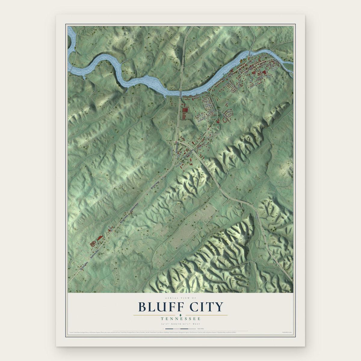 Bluff City, Tennessee map print, the full design