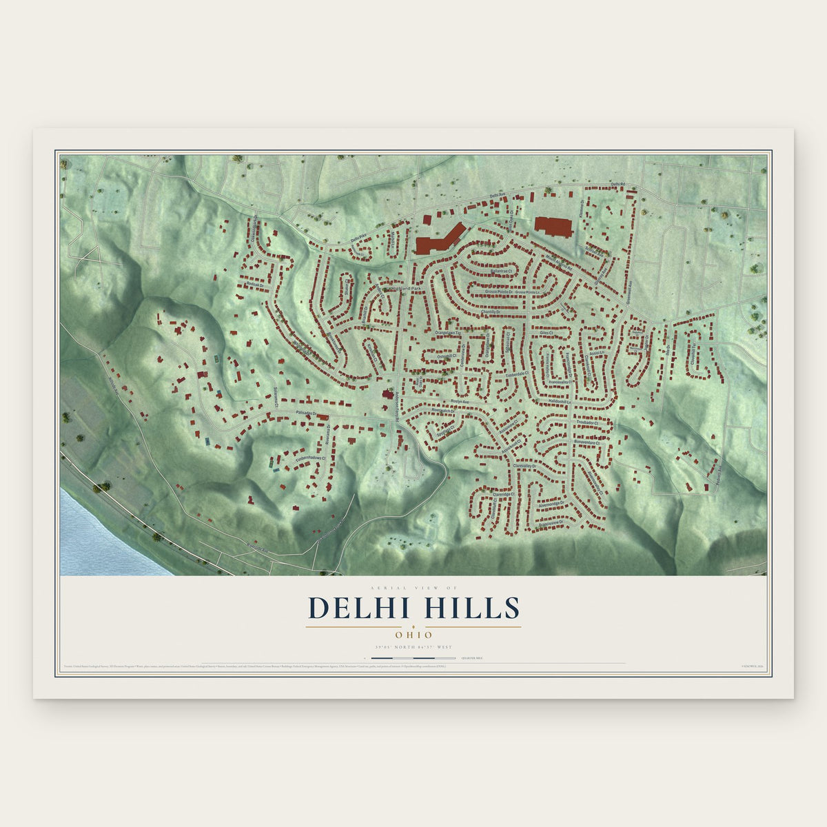 Delhi Hills, Ohio map print, the full design
