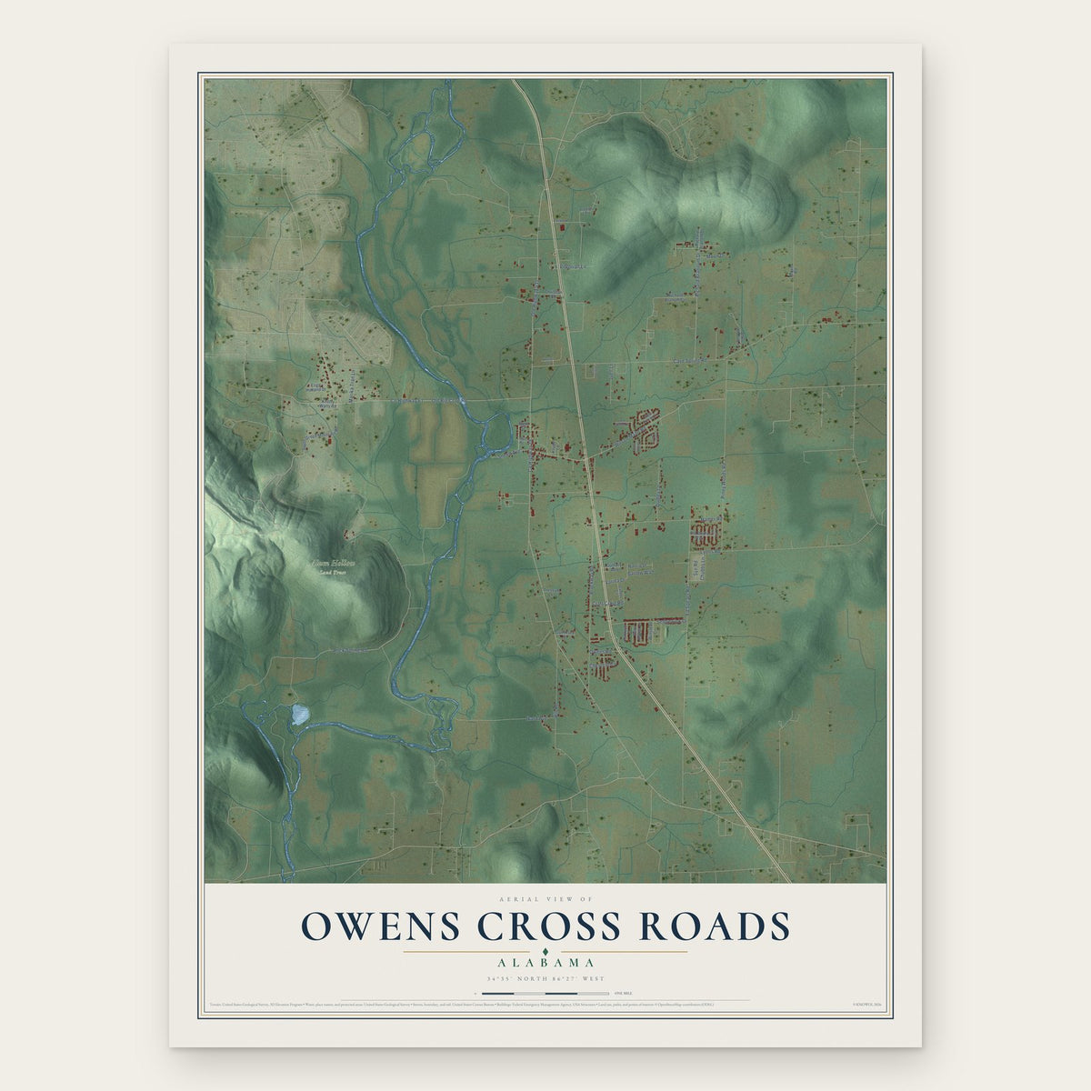 Owens Cross Roads, Alabama map print, the full design