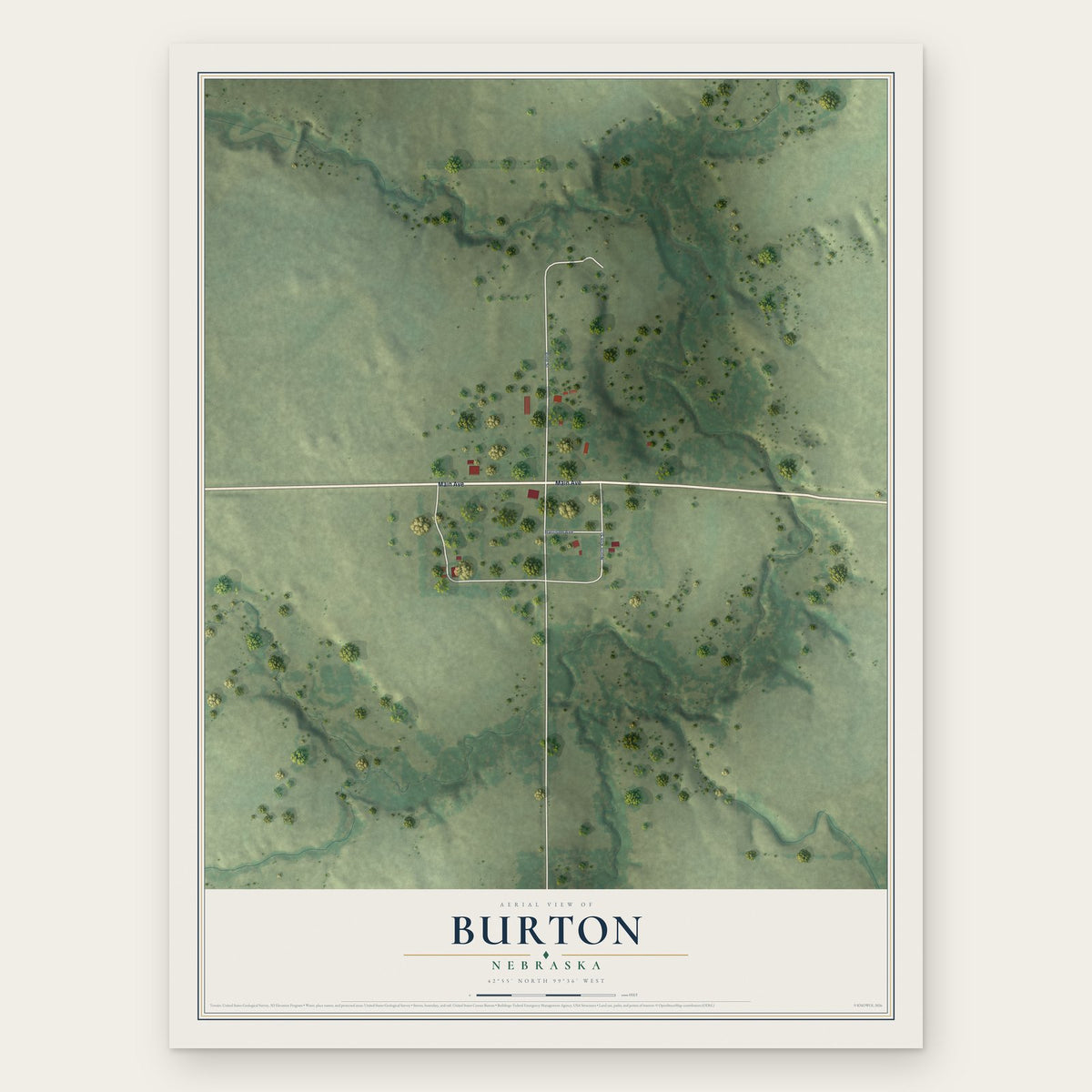 Burton, Nebraska map print, the full design