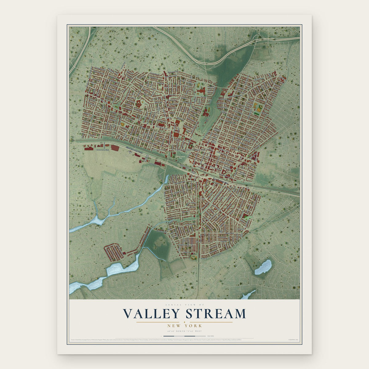 Valley Stream, New York map print, the full design