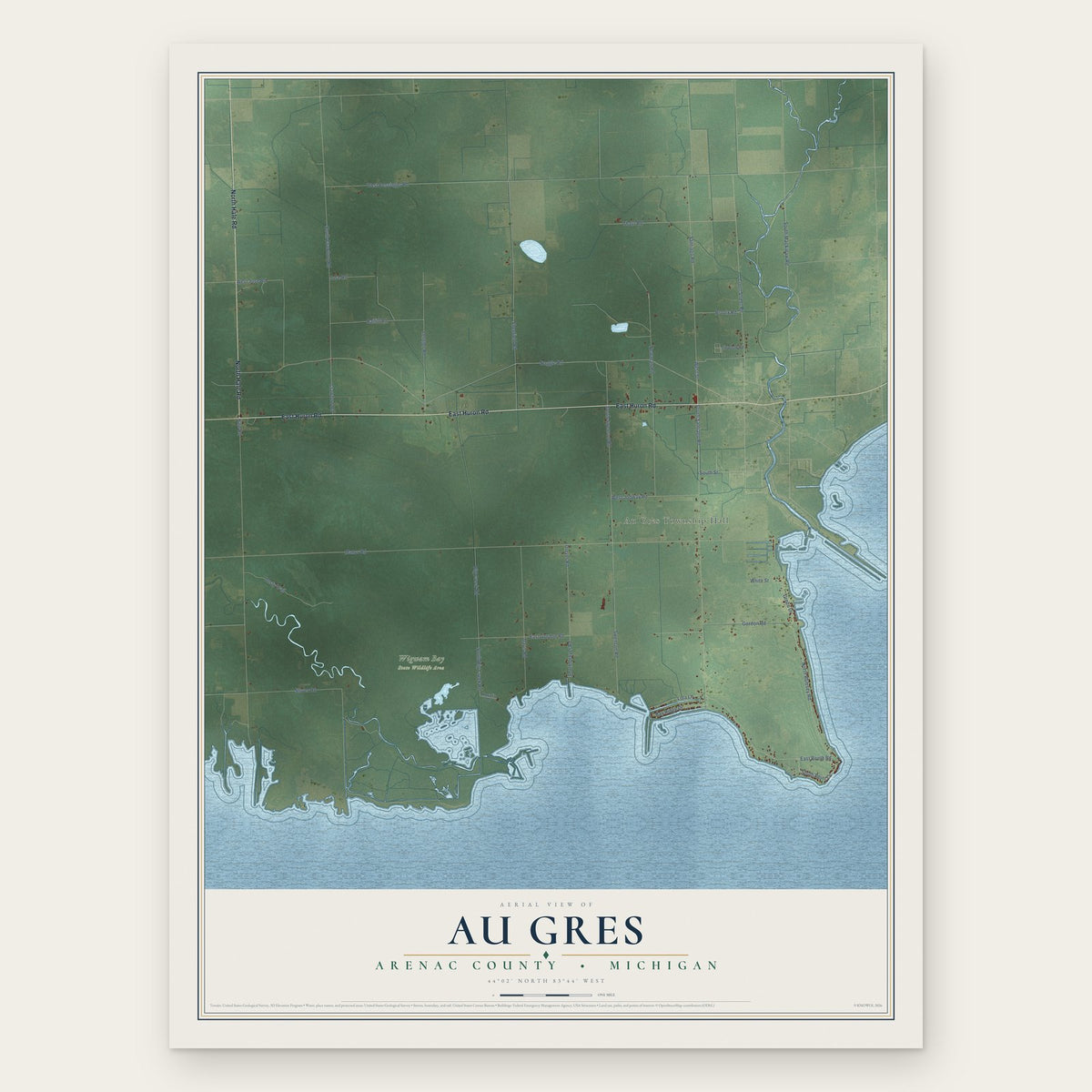 Au Gres, Arenac County, Michigan map print, the full design