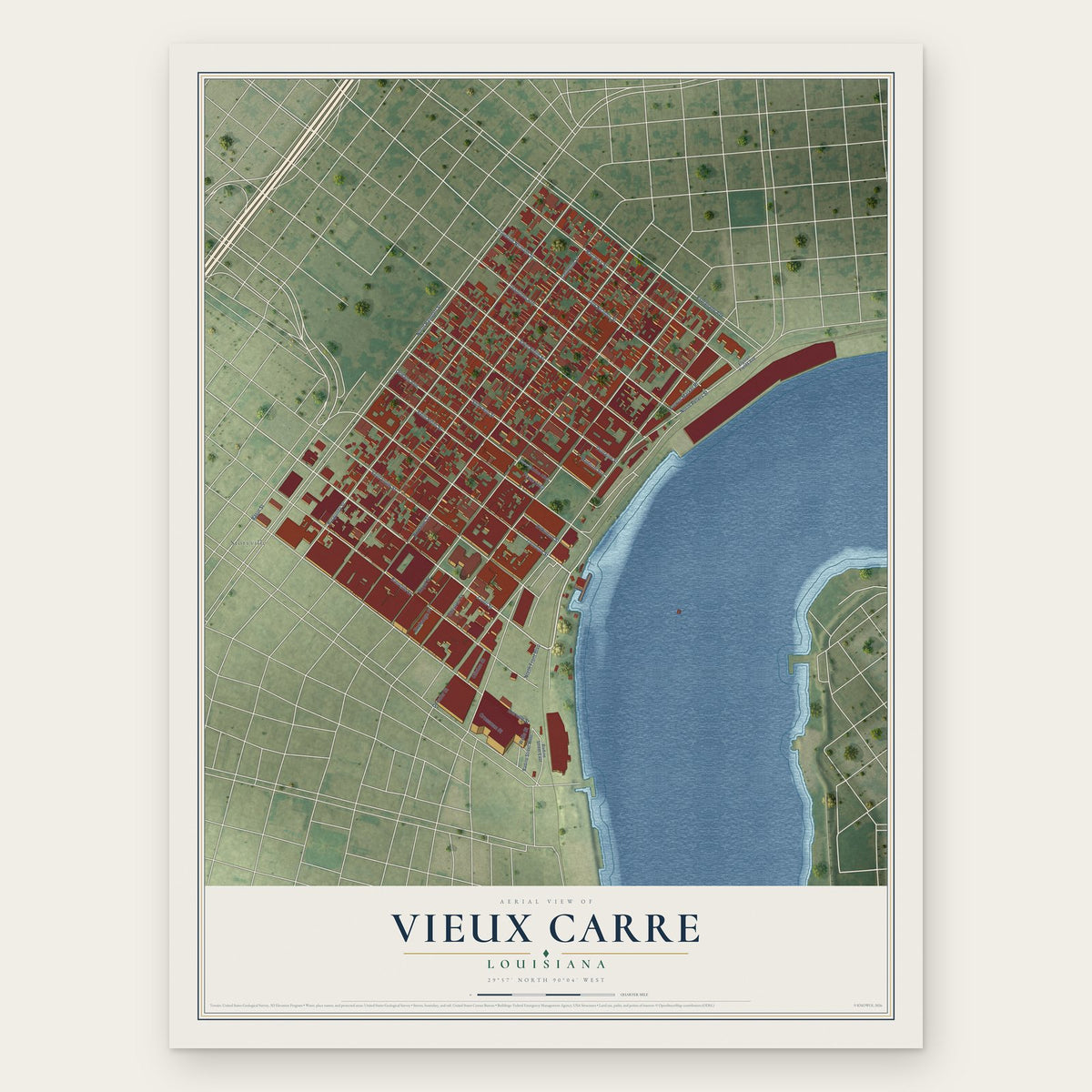 Vieux Carre, Louisiana map print, the full design
