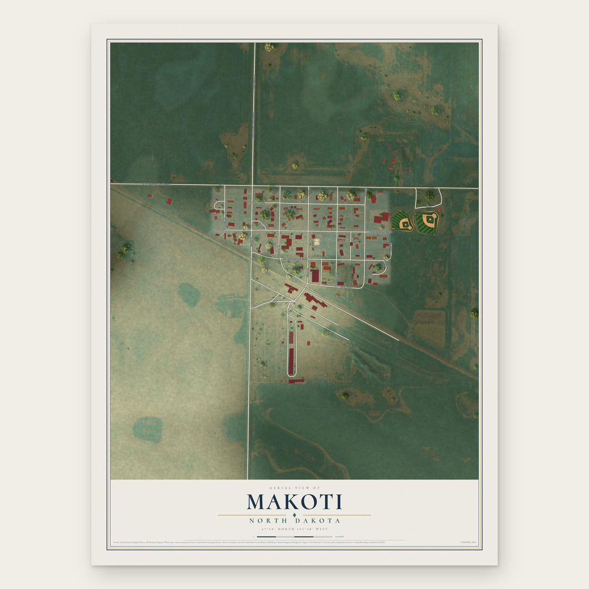 Makoti, North Dakota map print, the full design