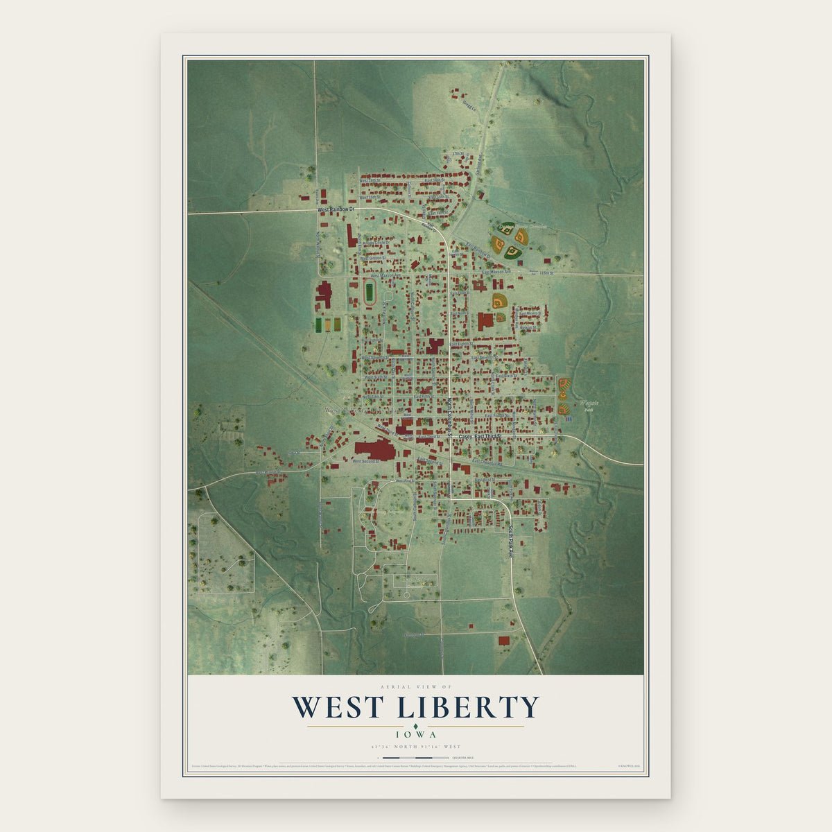 West Liberty, Iowa map print, the full design
