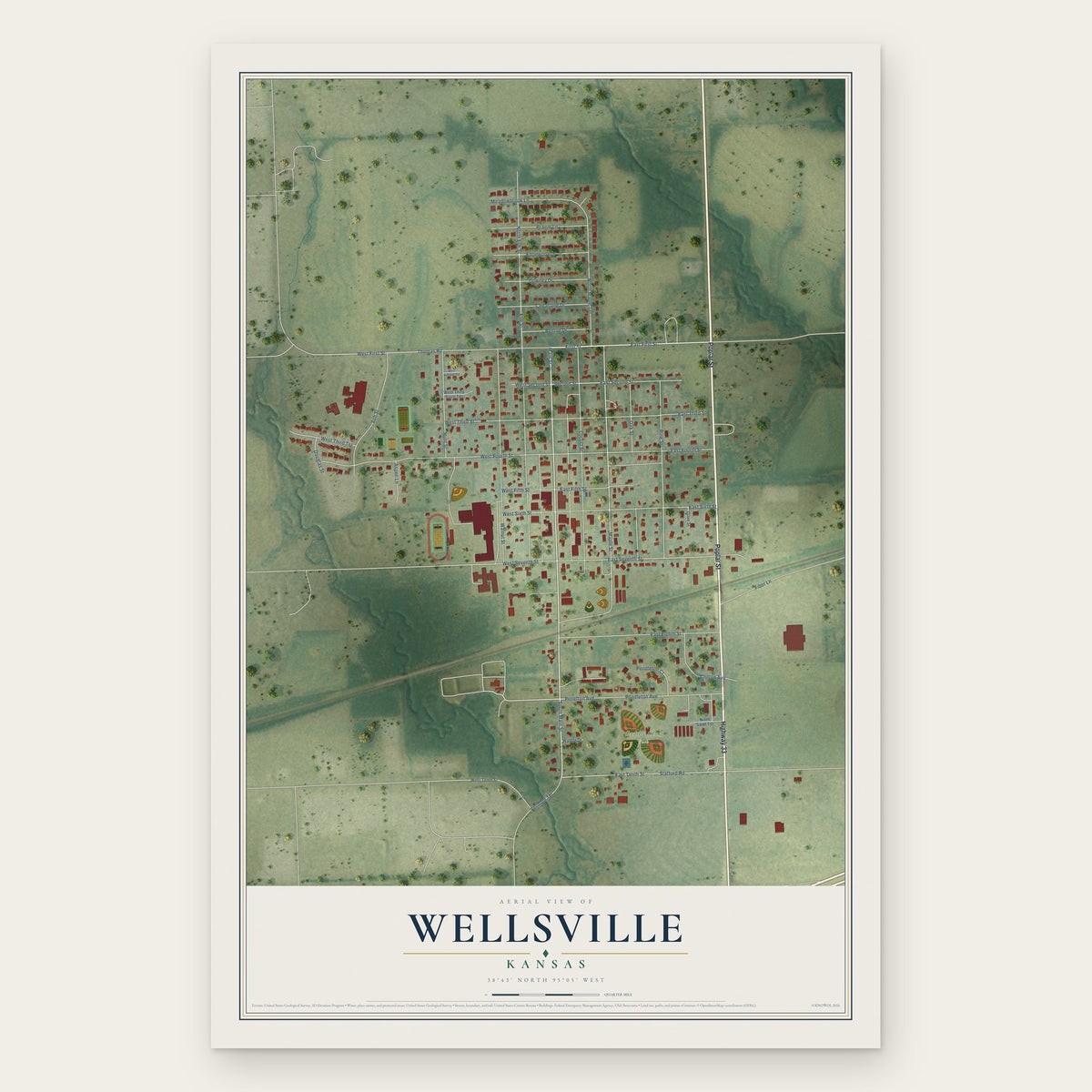 Wellsville, Kansas map print, the full design