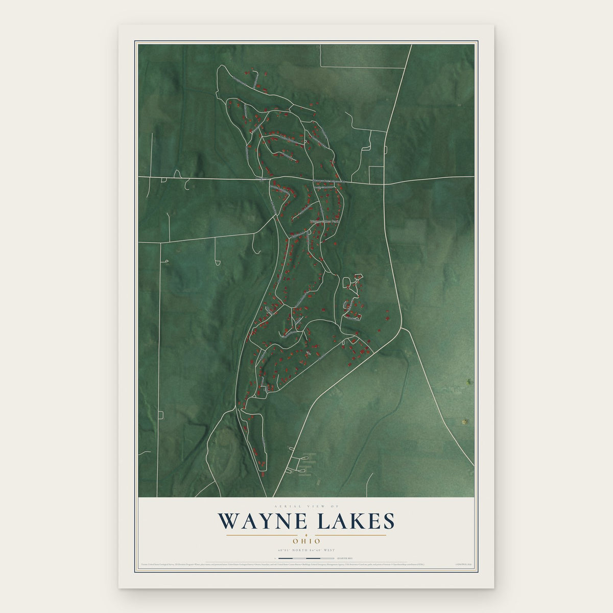 Wayne Lakes, Ohio map print, the full design